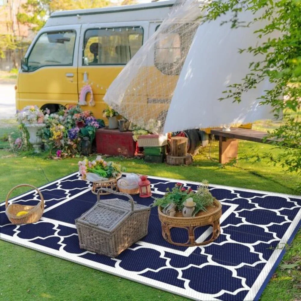 New 5x8 Outdoor Rug, Waterproof Reversible Blue White Mat for Patio & Camper